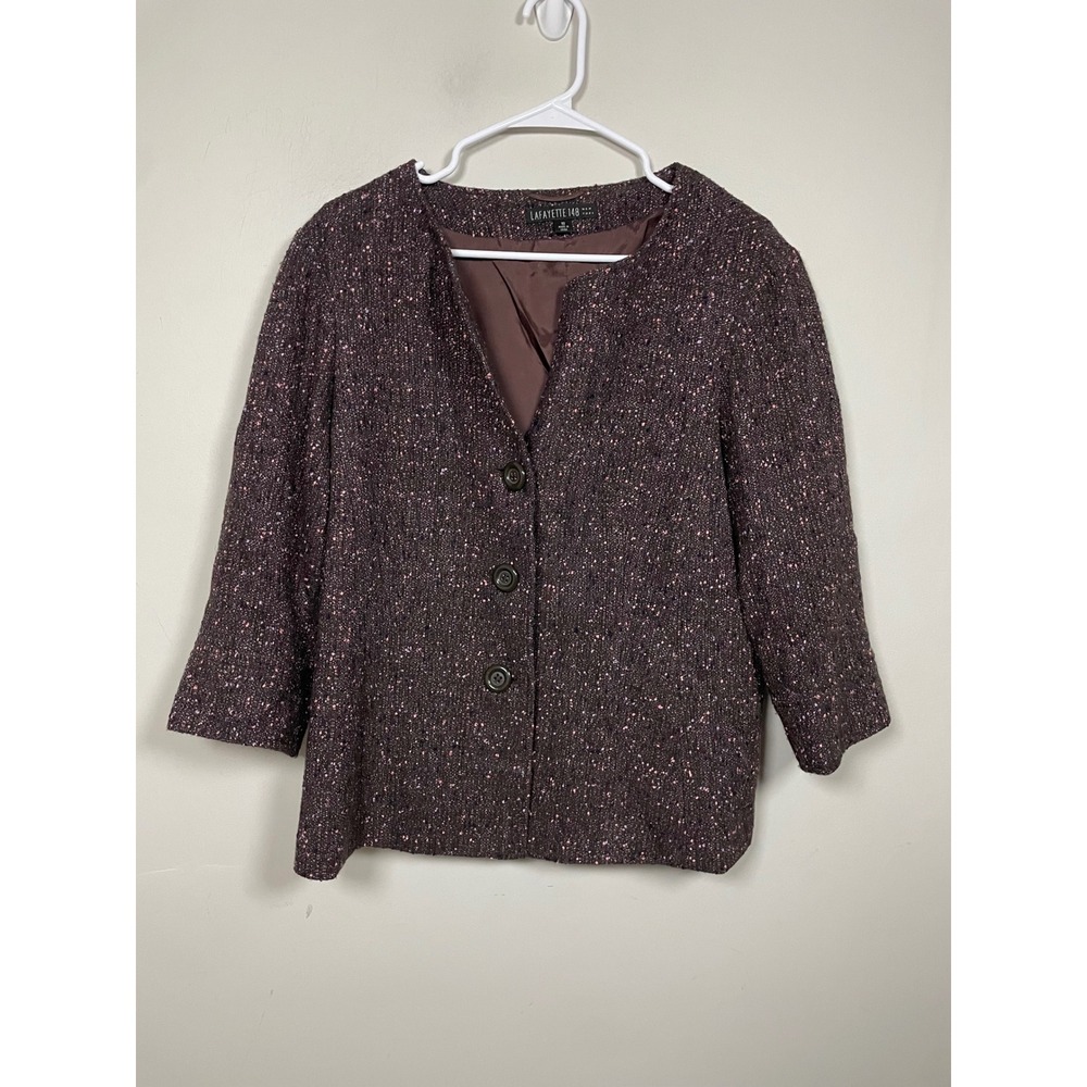 Lafayette 148 New York 3/4-Sleeve Tweed Collarless Jacket in Brown Size 10